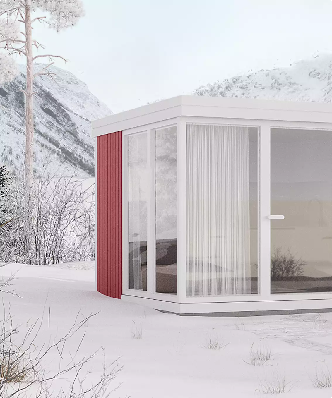 Eco houses design with white modular house, large glass windows and snowy mountain landscape