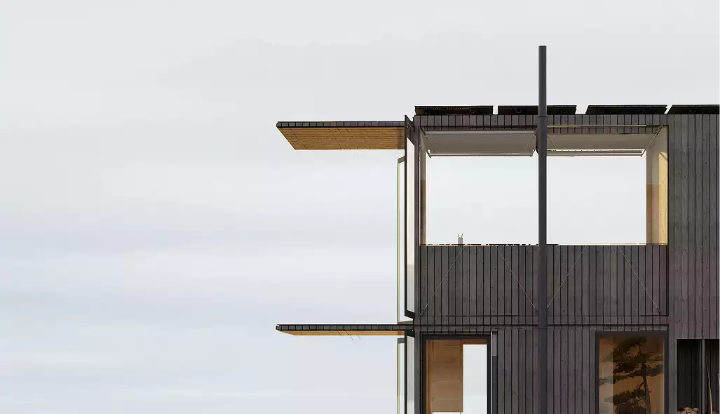 Eco houses design with modern modular cabin featuring wood facade and rooftop solar panels