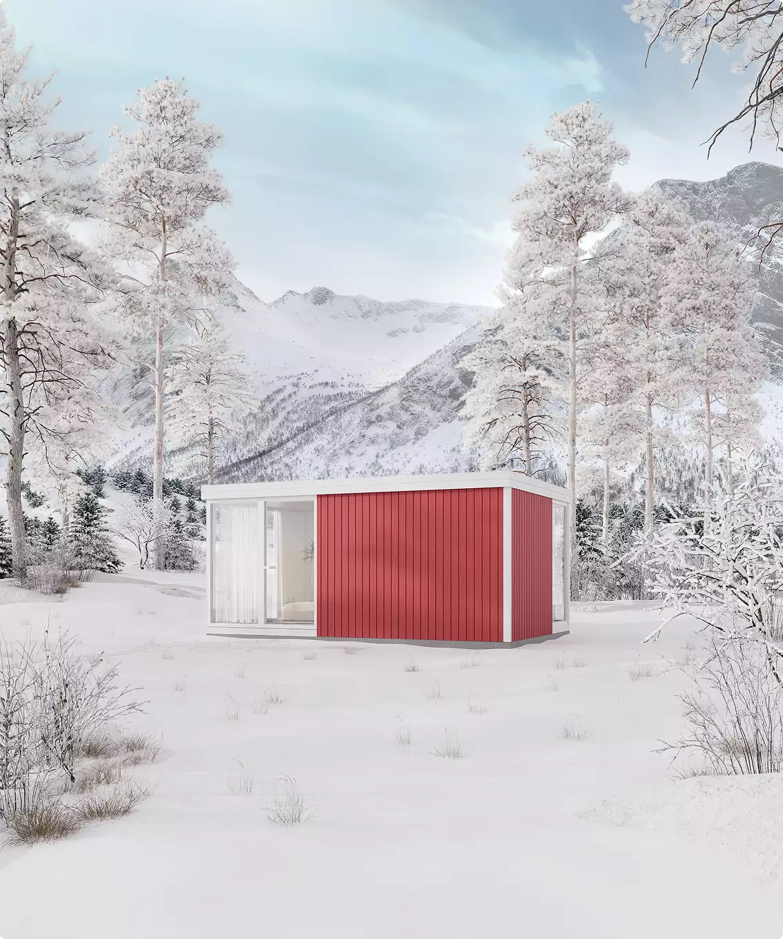 Eco houses design with small red modular house in snowy forest and mountain landscape