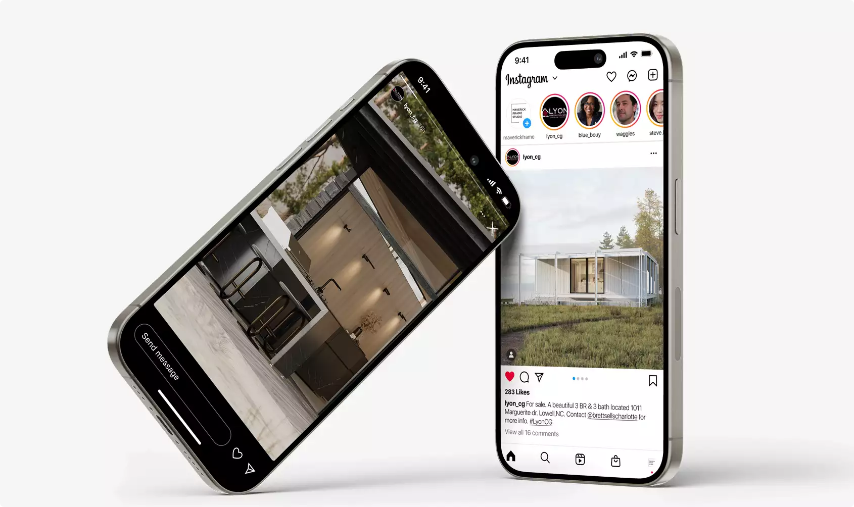 Eco houses design shown on smartphone screens displaying modern modular house on social media app