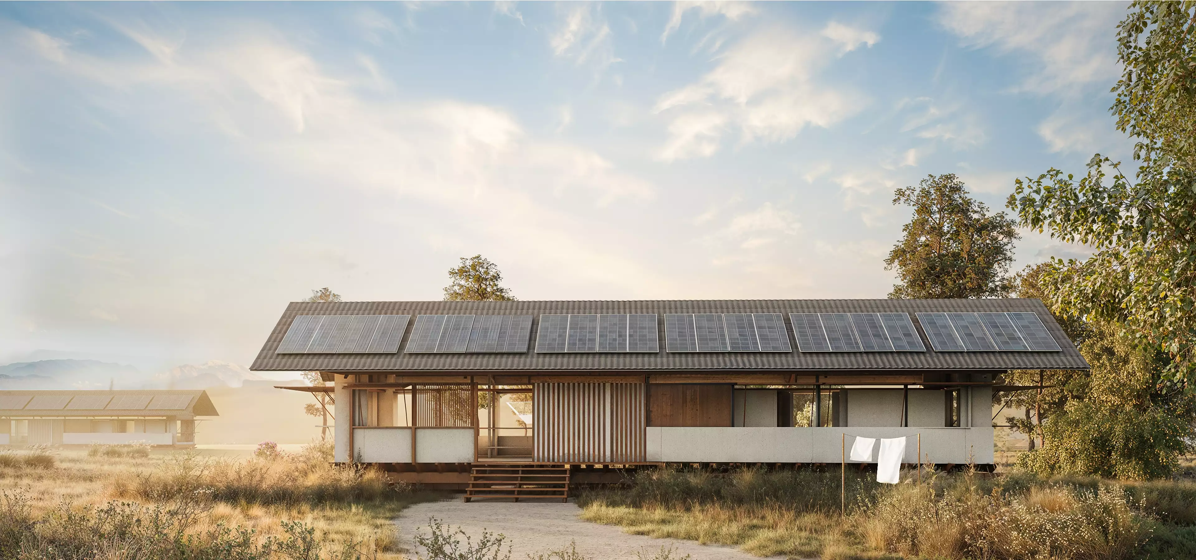 Eco houses design with rural house featuring rooftop solar panels in natural landscape