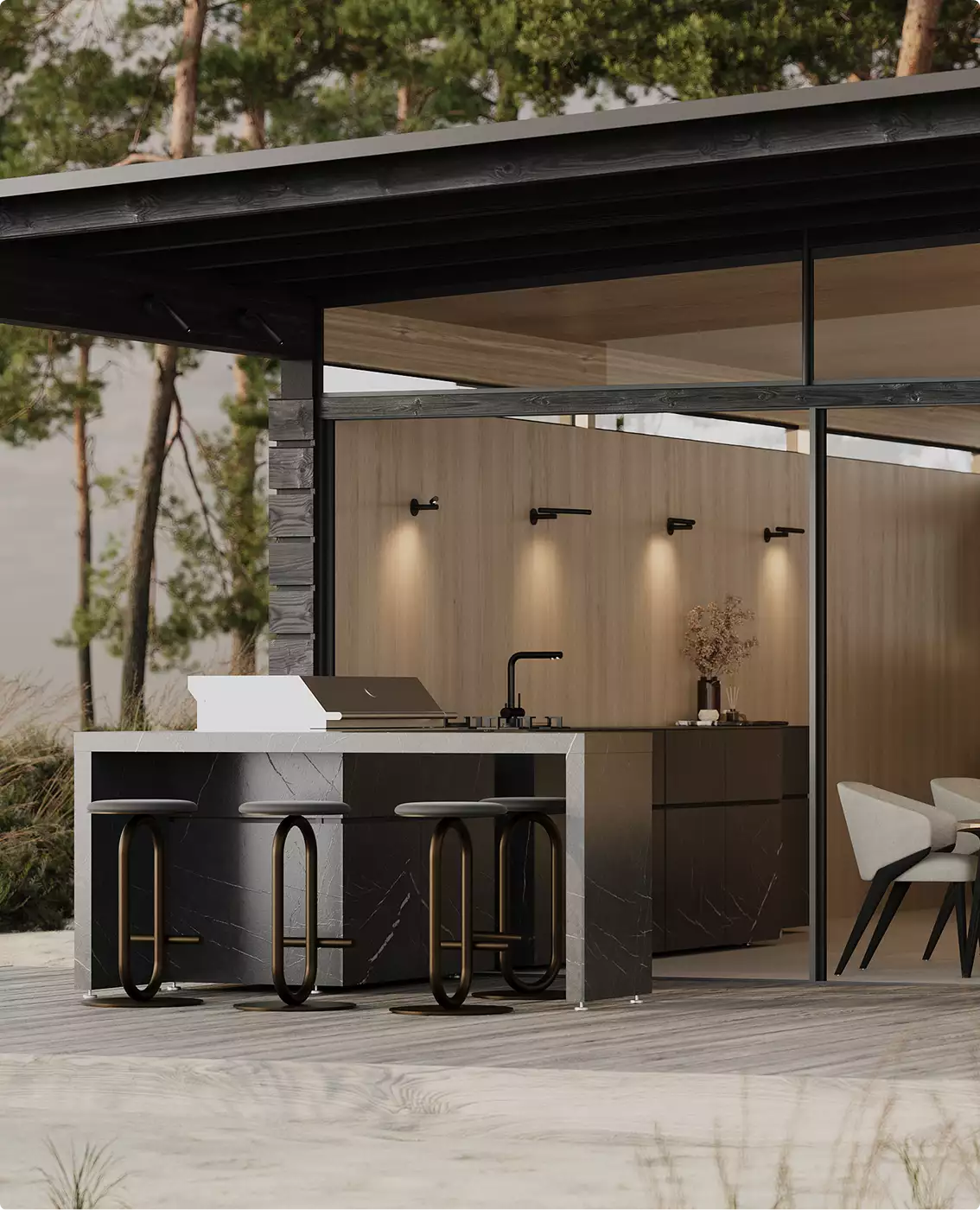 Eco houses design with wood facade, large glass wall and terrace lounge chairs in forest