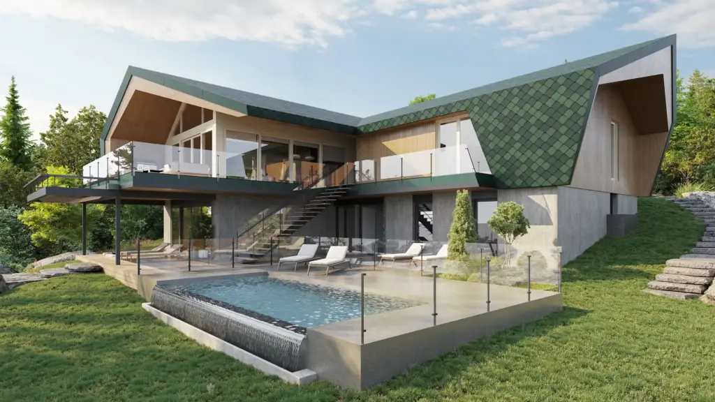 3D visualization of a modern forest house with glass terrace and stone base surrounded by trees.