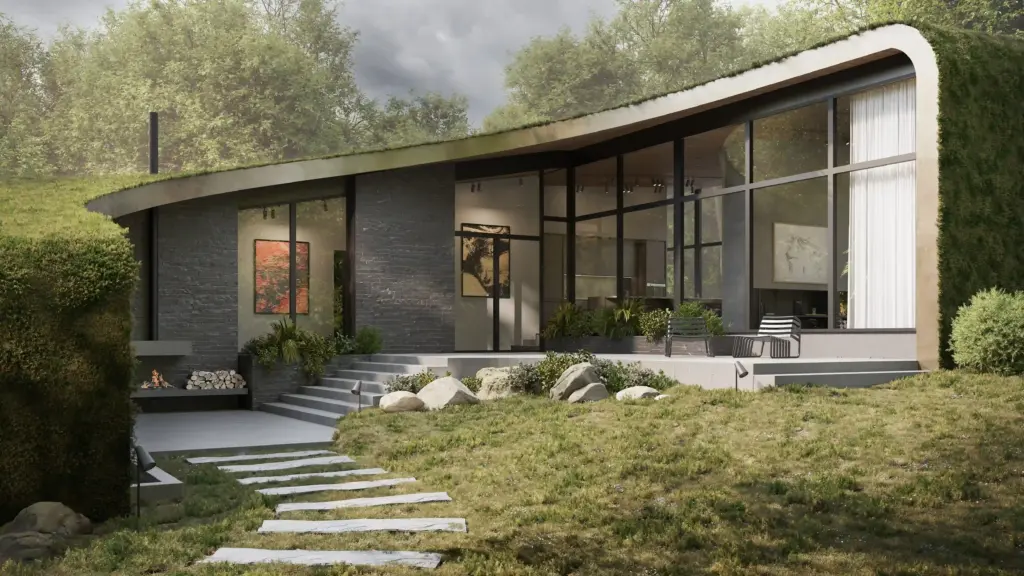 3D visualization of a modern house with curved green roof, large glass facade, and lush greenery around the building.