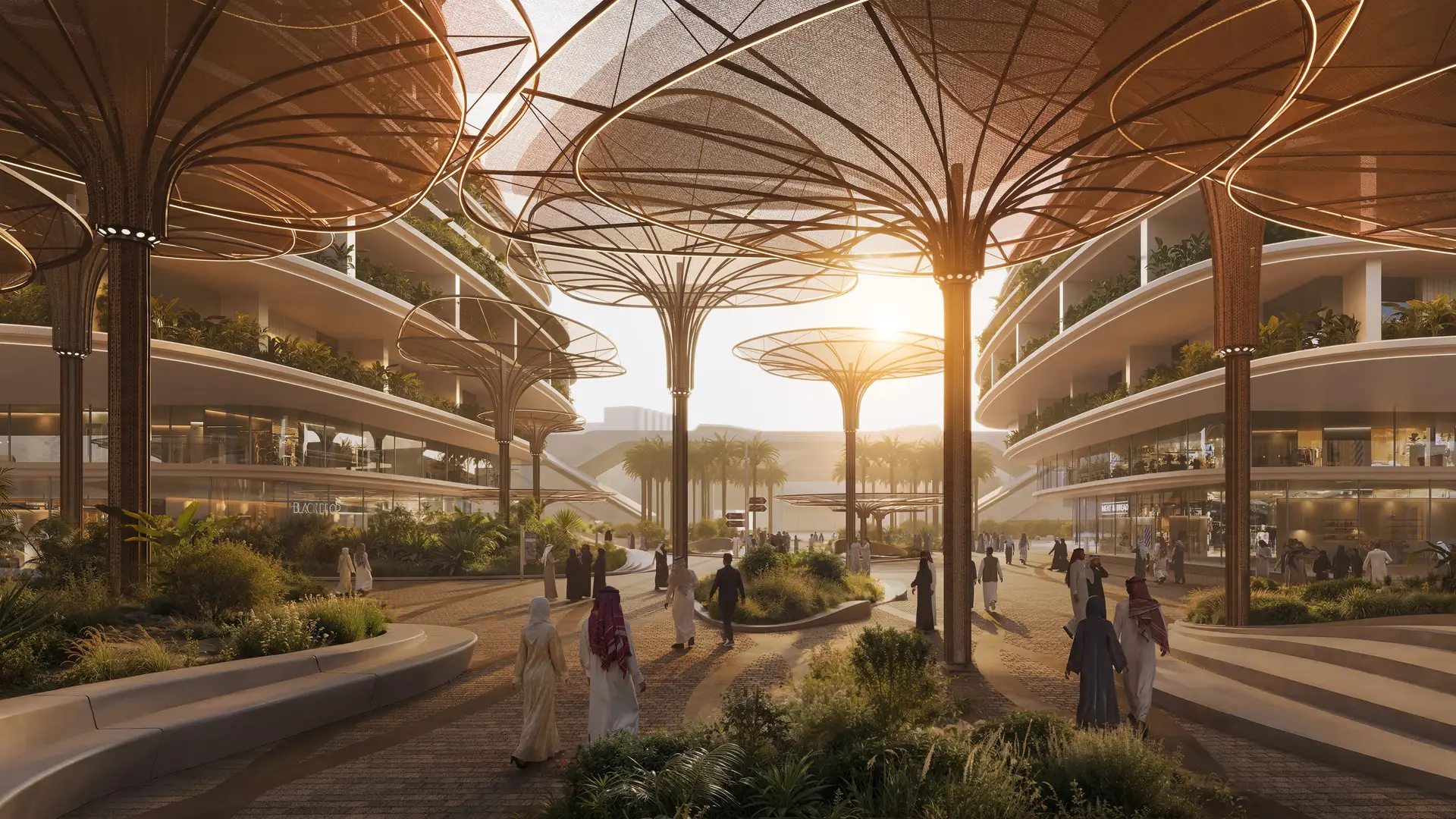 Best 3D Rendering Companies in Saudi Arabia 3D architectural rendering of futuristic plaza with canopy structures and pedestrians at sunset