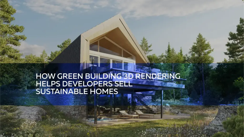 Green building 3D rendering of a modern sustainable house in a forest clearing, with large glass facade and wooden structure.