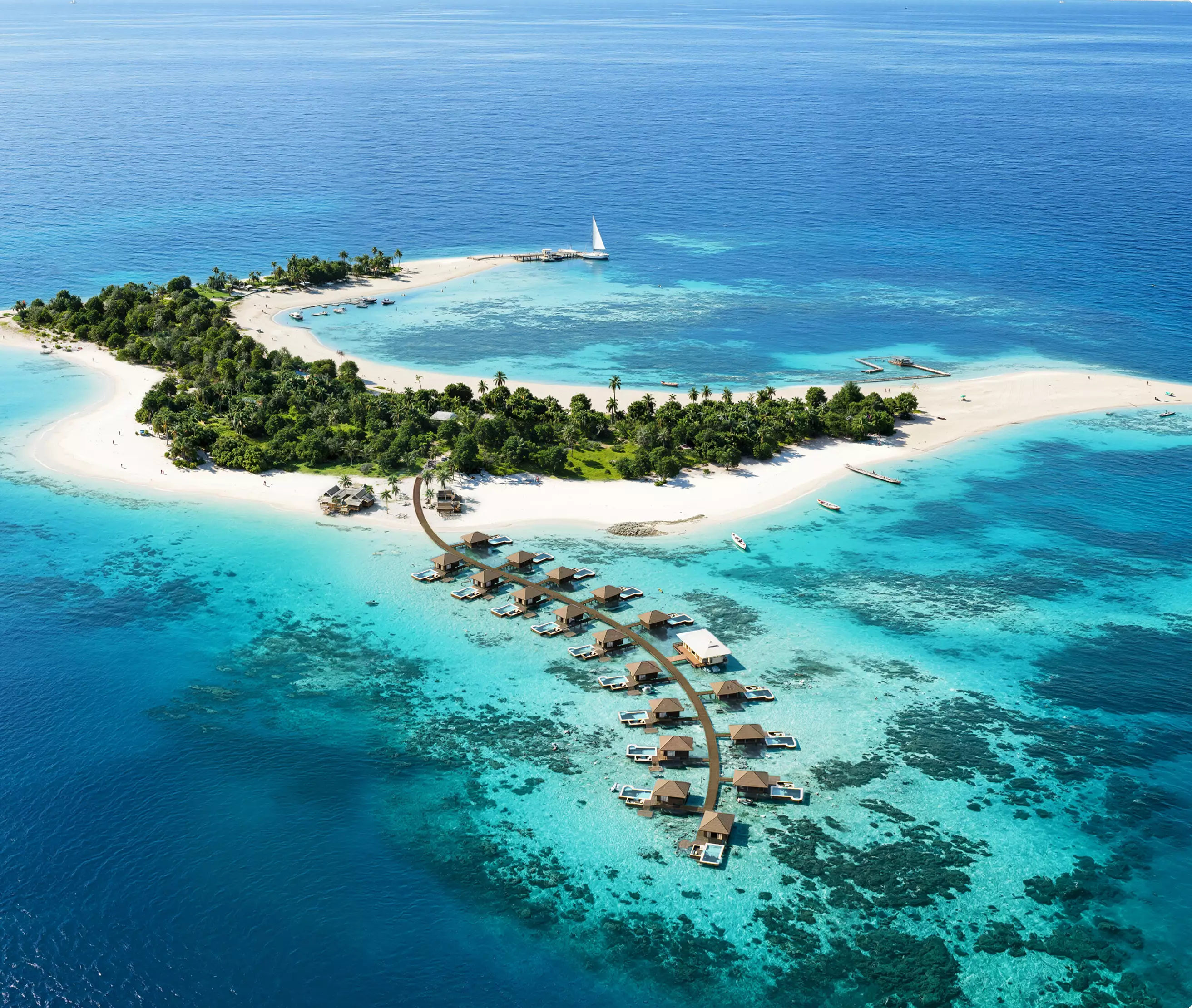 Architectural visualization of a curved overwater villa pier extending from a lush tropical island into shallow turquoise reef