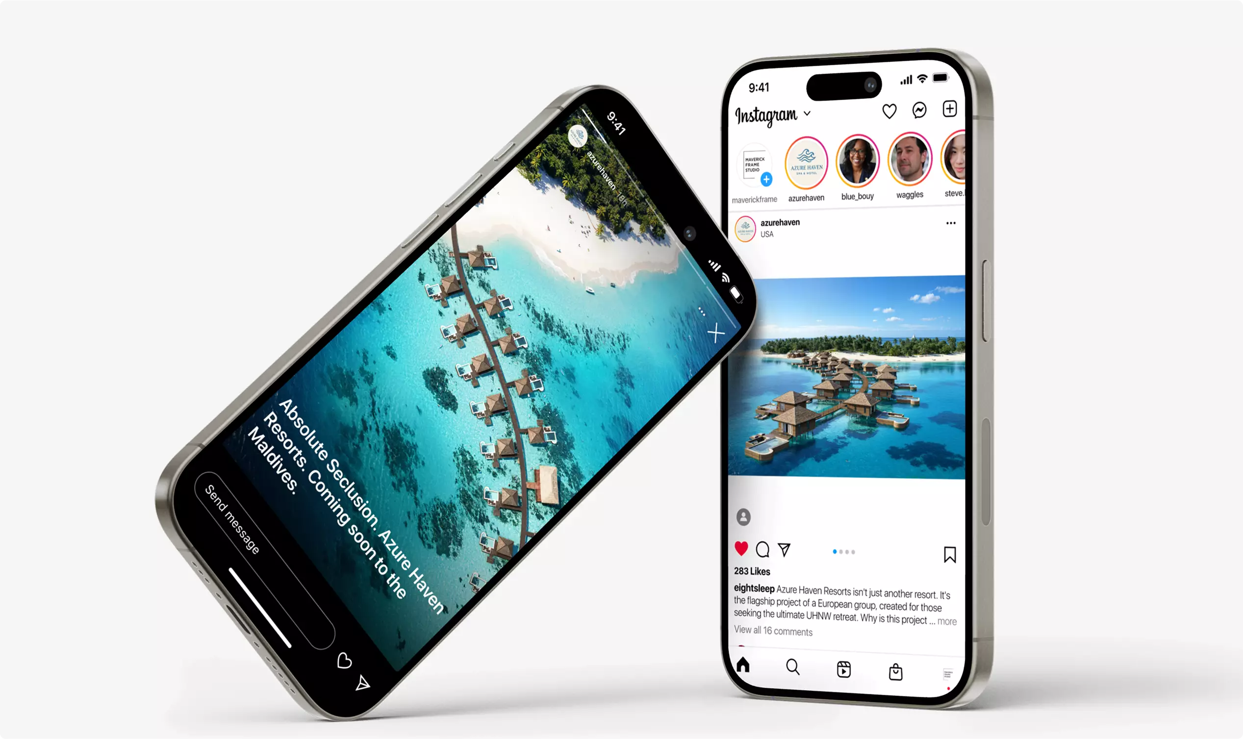 Architectural visualization of two smartphones displaying Instagram posts featuring the tropical overwater villa resort