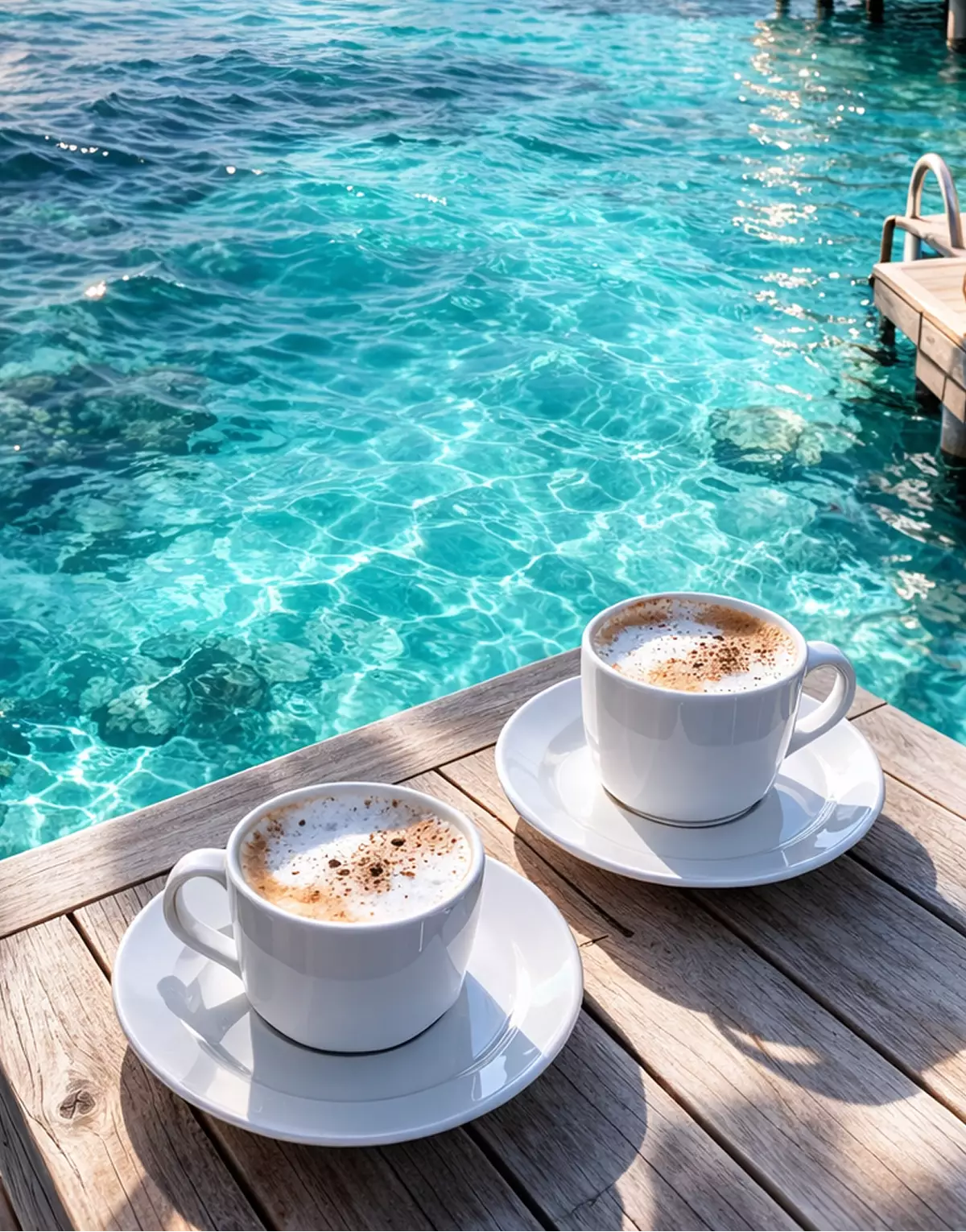 Architectural visualization of two cappuccinos on a wooden deck beside clear turquoise lagoon water and ladder