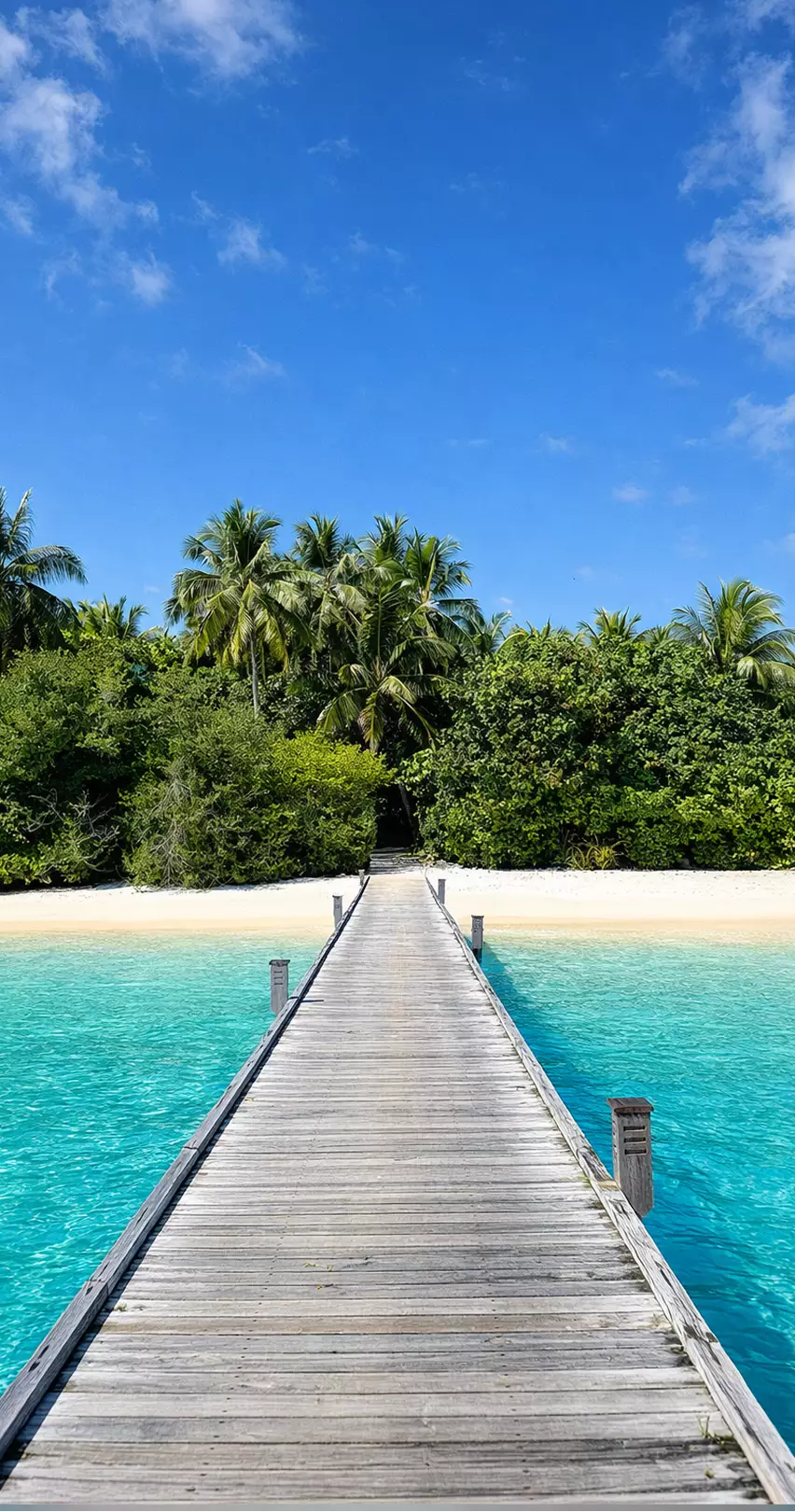 Architectural visualization of a wooden jetty stretching over turquoise lagoon toward lush palm trees and white sand beach