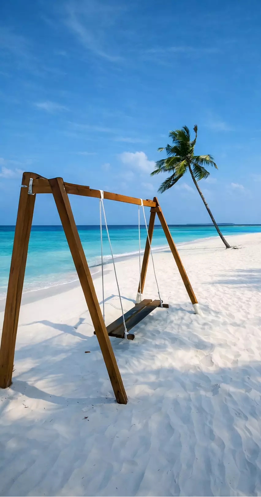 Architectural visualization of a wooden beach swing on white sand facing a calm turquoise sea and a lone leaning palm tree