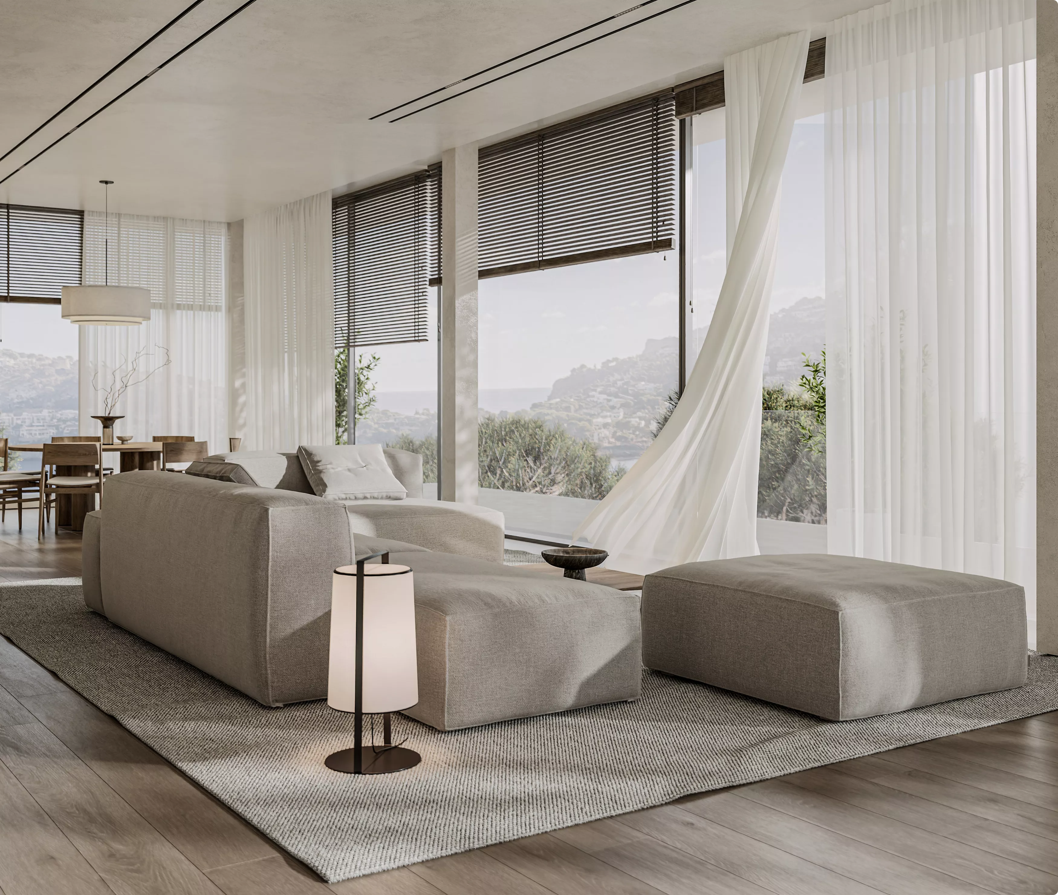 Luxury Villa interior with panoramic windows, modern sectional sofa, and flowing sheer curtains
