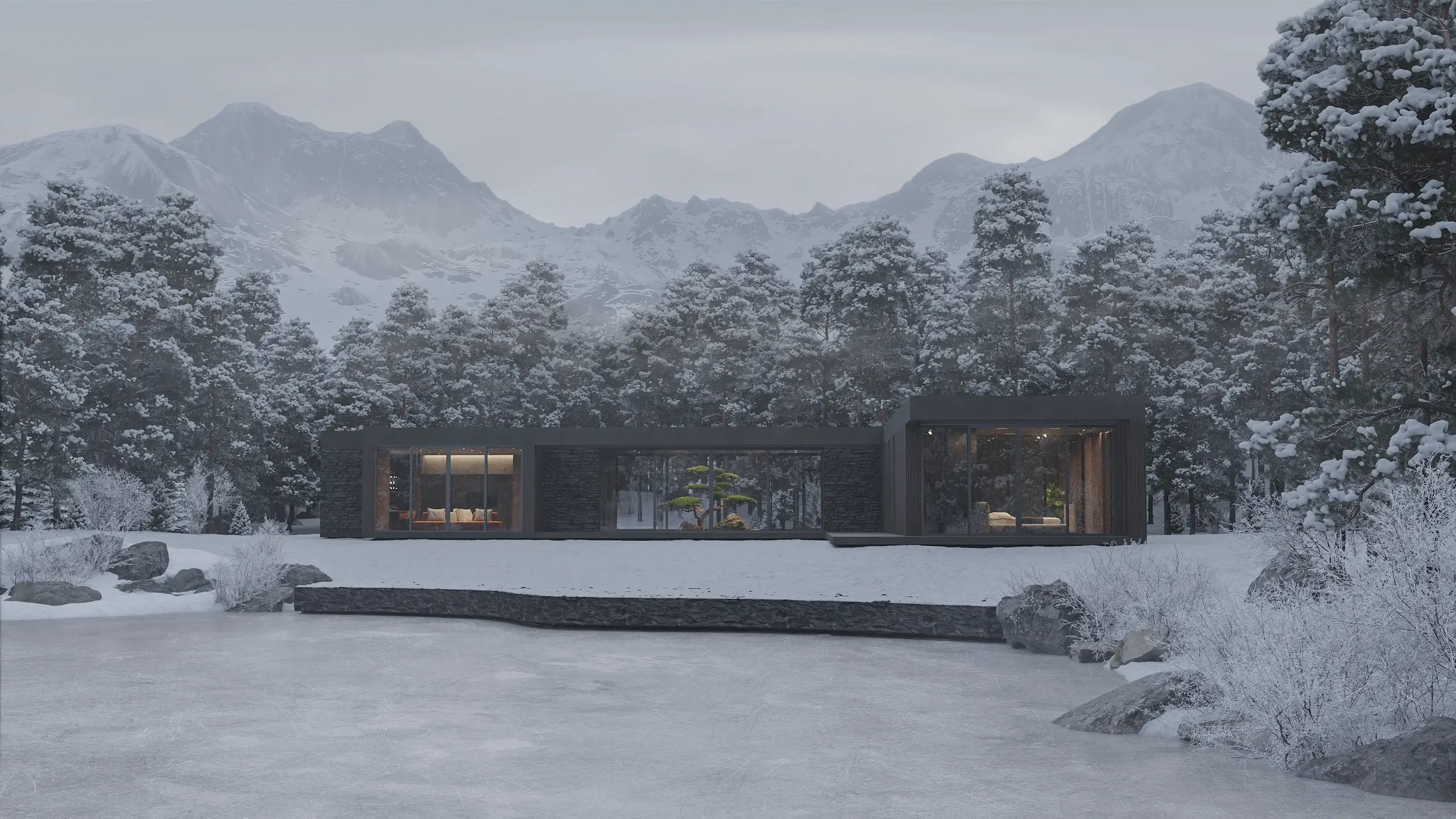 Low modern house in a snowy forest clearing with mountains in the background and large panoramic windows