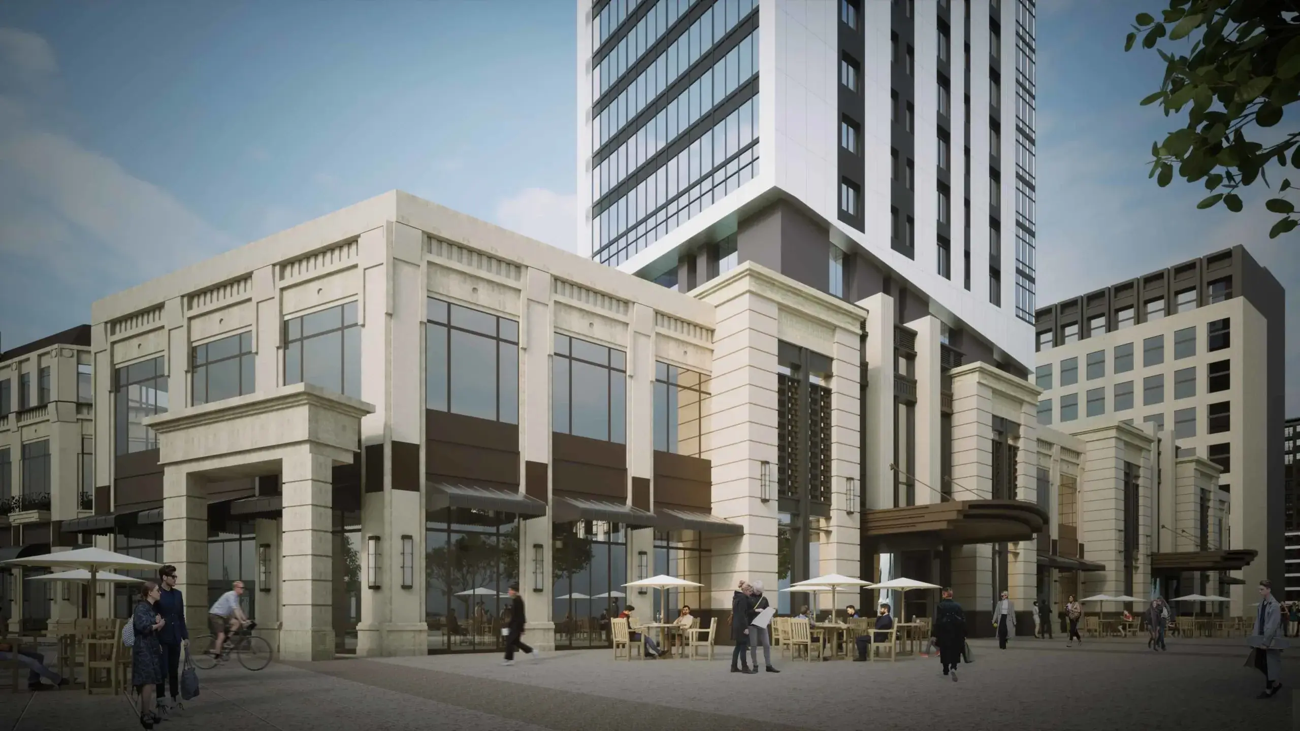 Contemporary urban plaza with mixed-use buildings, outdoor seating areas, pedestrians, and surrounding towers