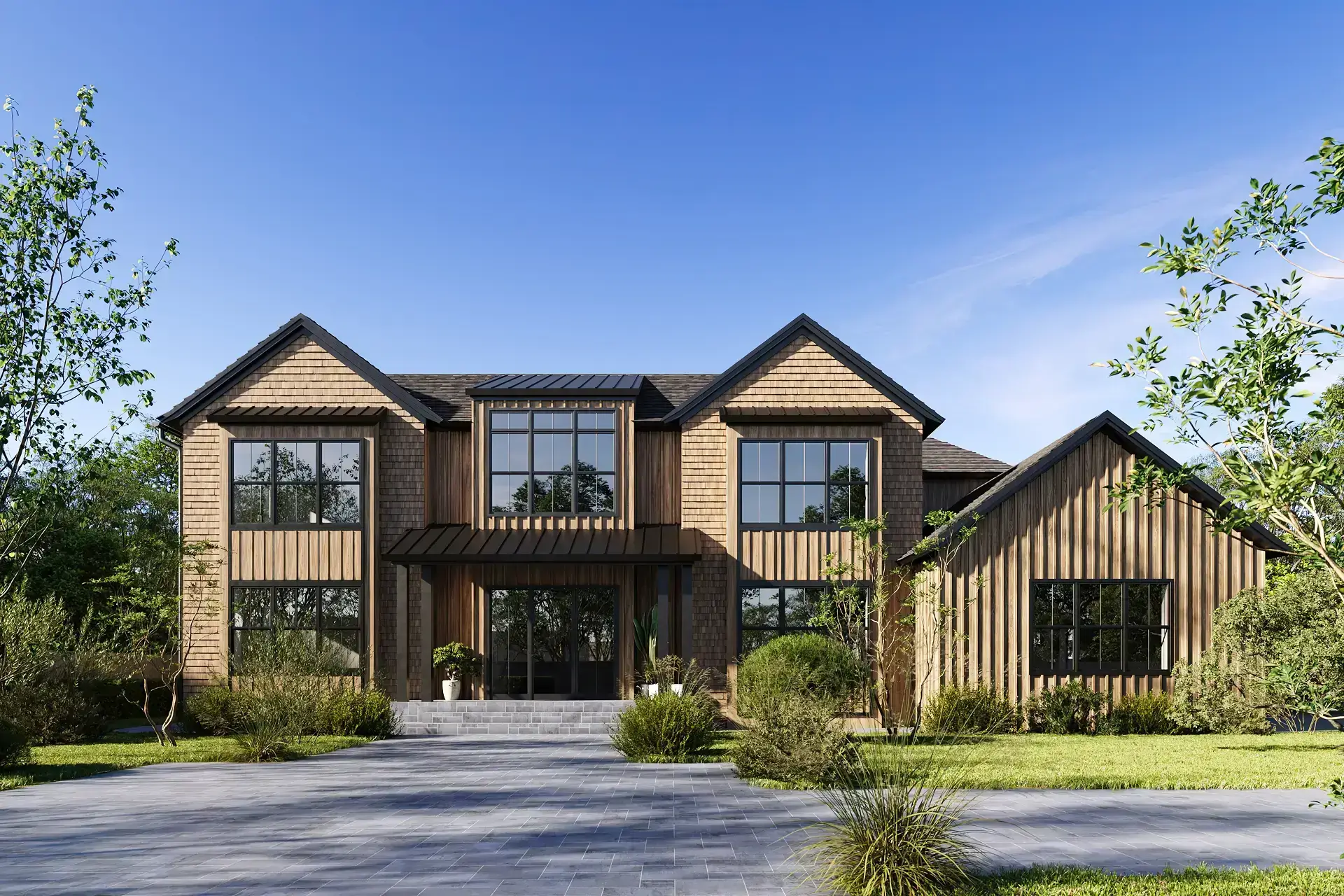What Is Architectural Rendering: Types, Workflow, and Uses Modern house exterior architectural rendering with wood facade, black framed windows and landscaped yard