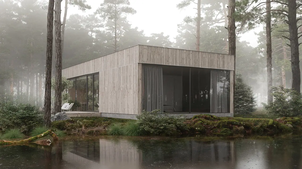 Minimalist modern house in a forest setting with timber cladding and large panoramic windows