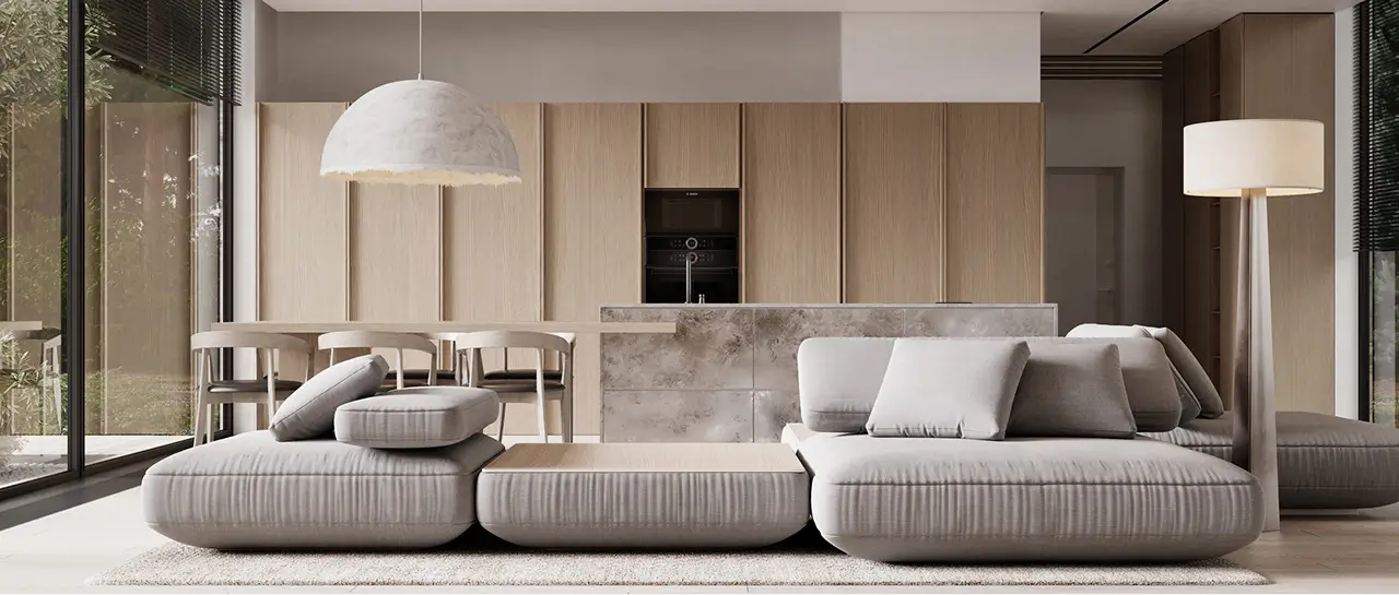 Modern house interior with open living space, neutral materials, soft daylight, and clean lines