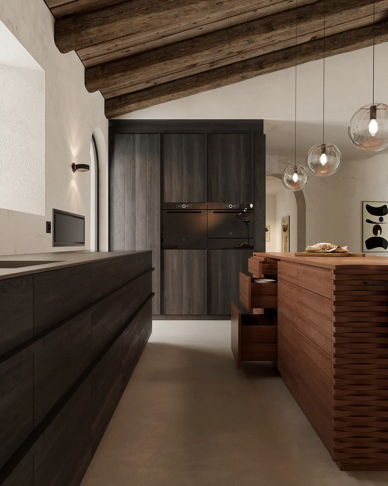 Photorealistic kitchen interior made using interior design rendering software with detailed wood textures