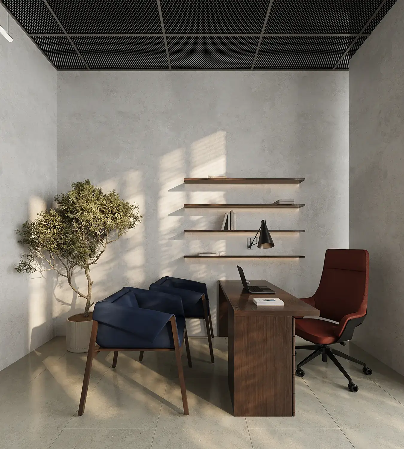 Compact office rendered using rendering software for interior design with precise material detailing