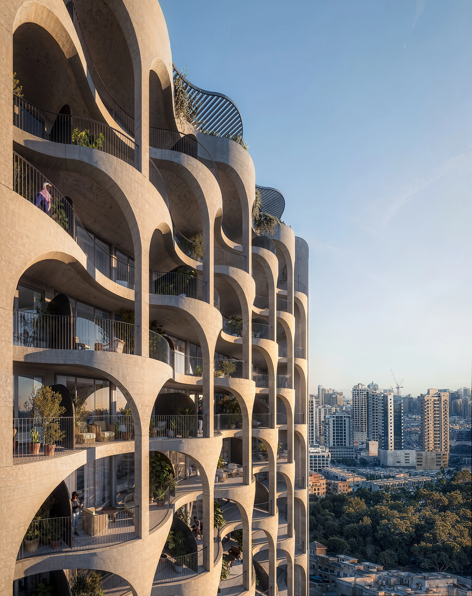 Best 3D Rendering Companies in Saudi Arabia 3D architectural rendering of sculptural residential facade with curved balconies and city view