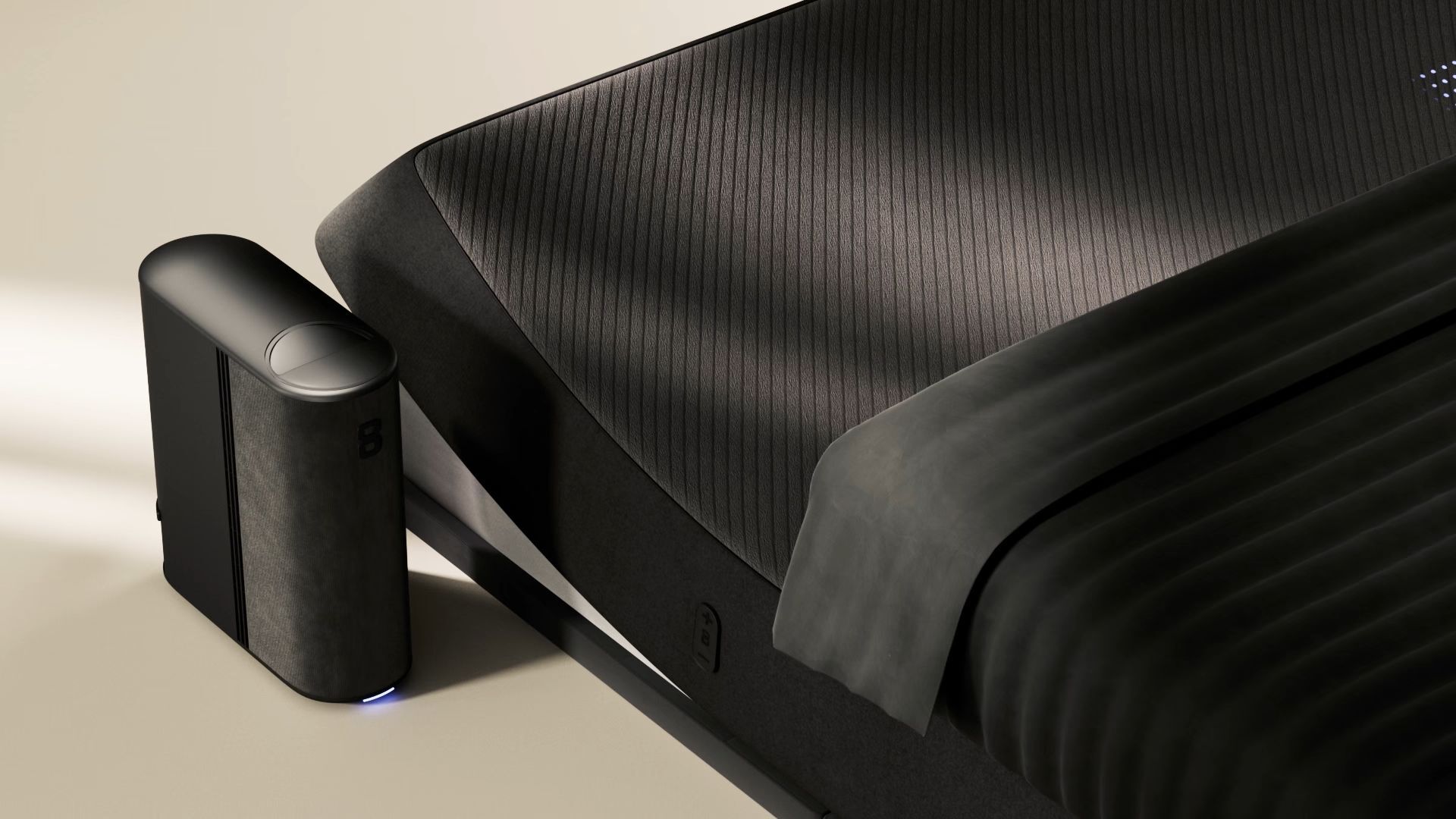 Product rendering of a black smart bed with a temperature-control hub