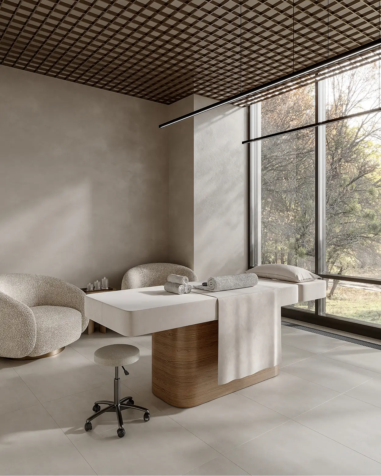 What Is Architectural Rendering: Types, Workflow, and Uses Spa interior 3D architectural rendering with massage table, textured walls and large window
