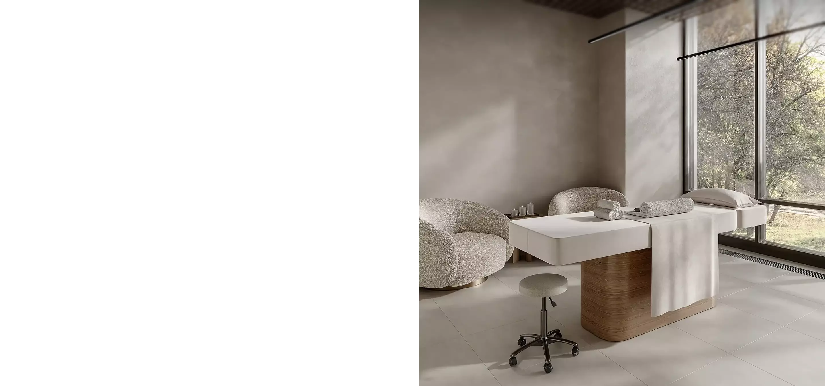 Minimal spa room with massage table and chairs, architectural rendering meaning types workflow uses