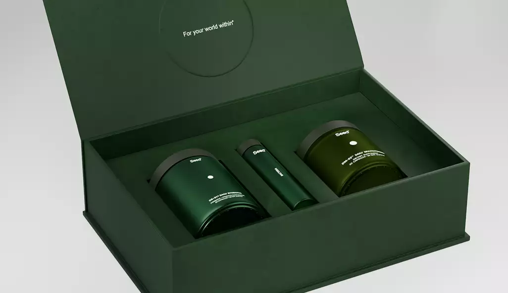 Open green Seed supplement box with jars and container inside, supplement packaging design