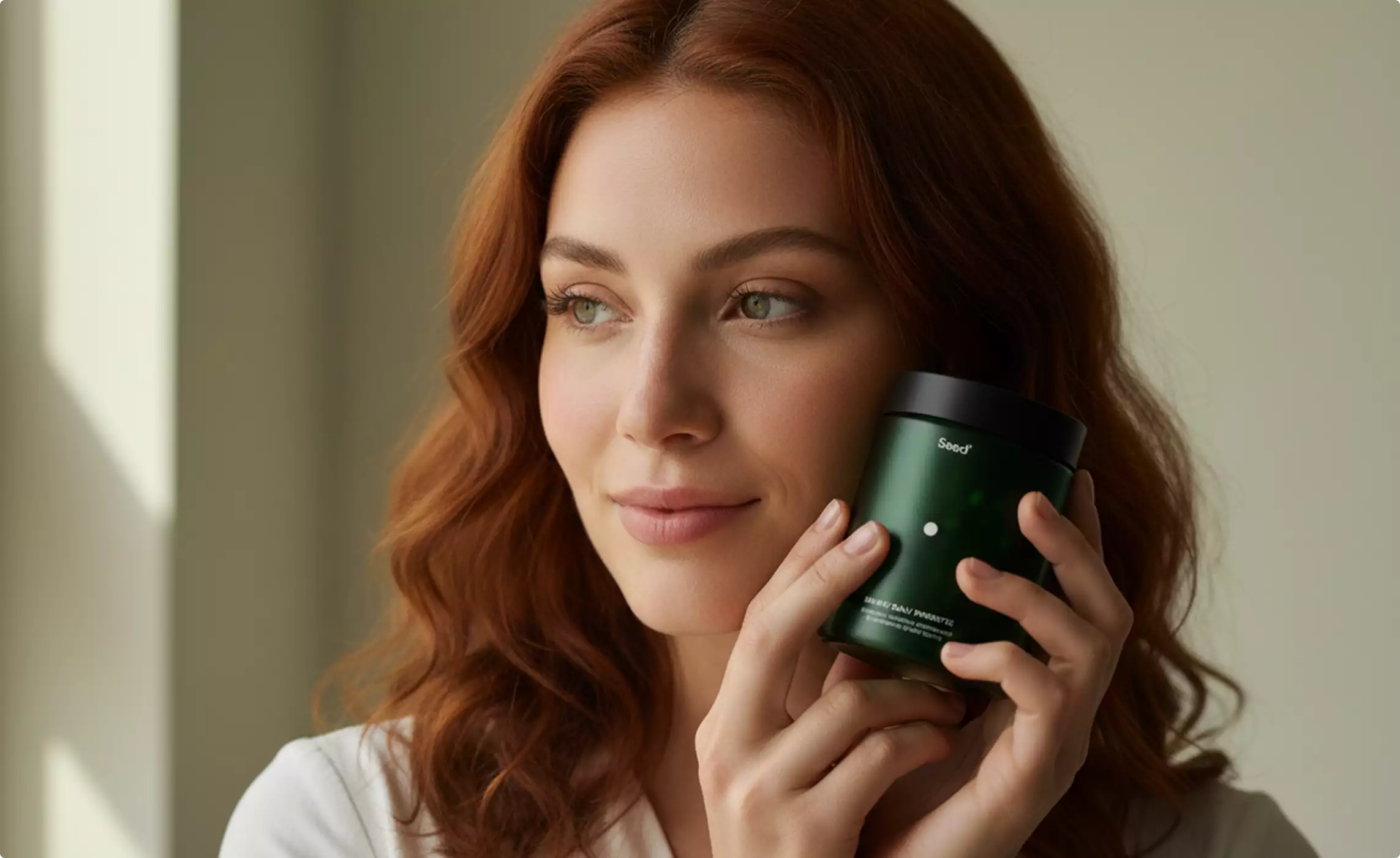Woman with red hair holding green Seed jar near face by window light, supplement packaging design