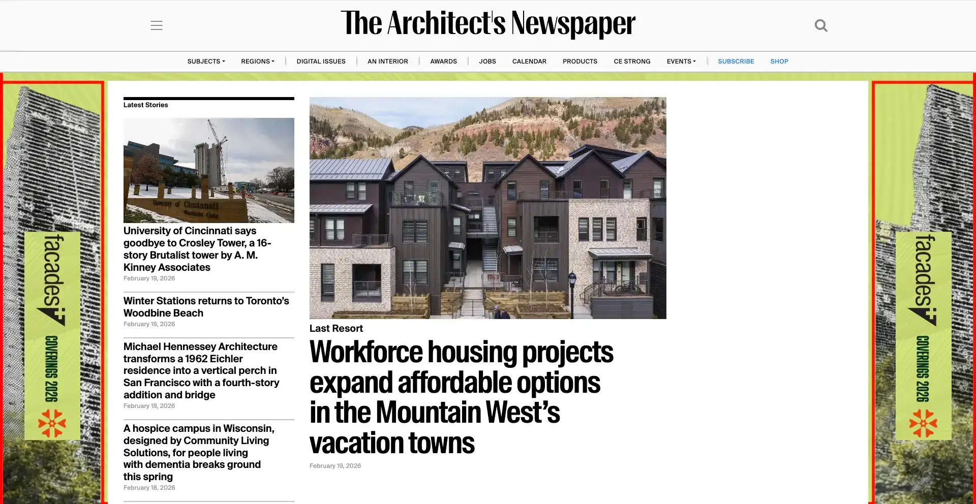 The Architect’s Newspaper homepage covering urban design and sustainable architecture