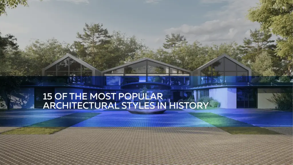 Contemporary residential architectural style house with glass facade and courtyard landscape illustrating architectural styles in history