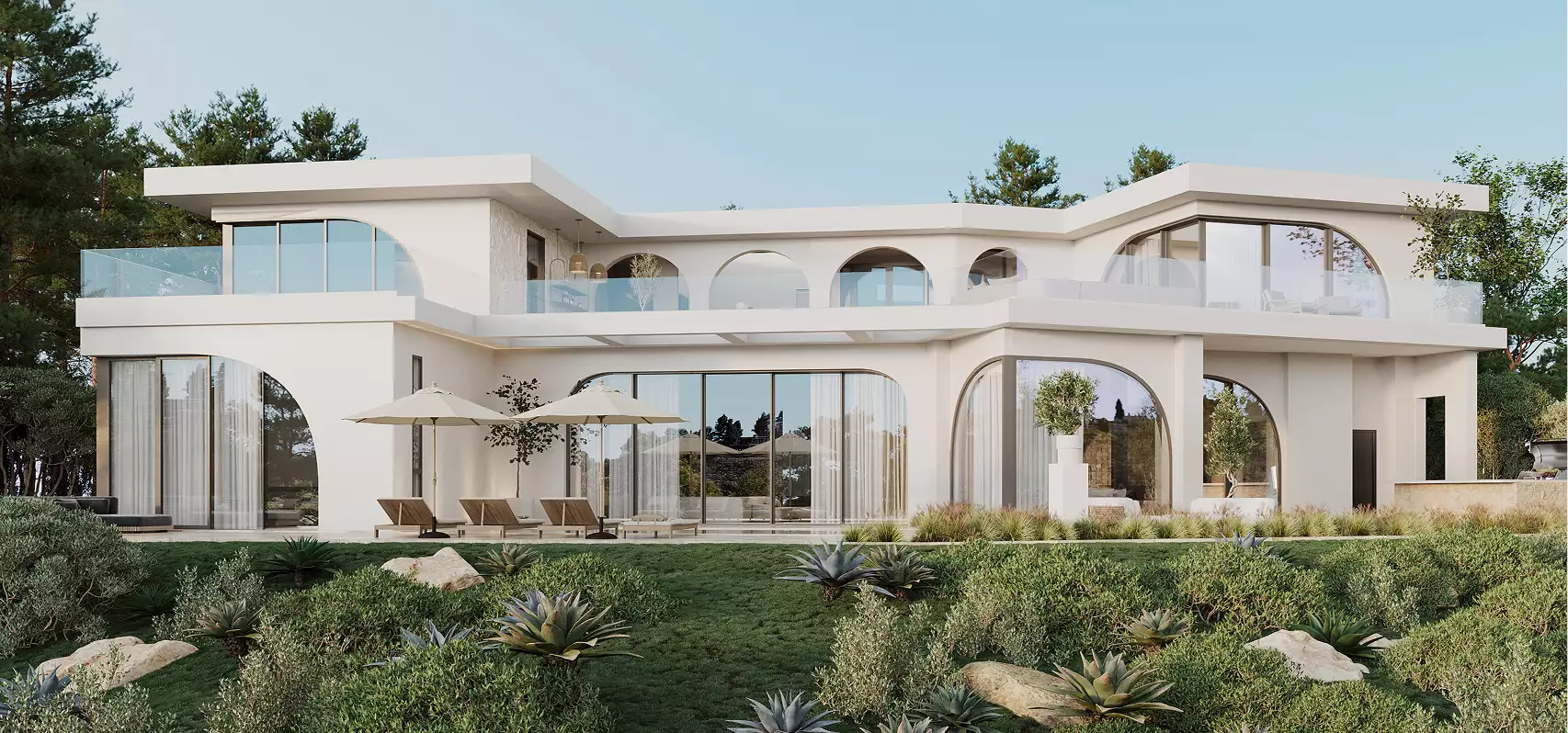 3D animation of house exterior with curved windows, terraces, and landscaped garden