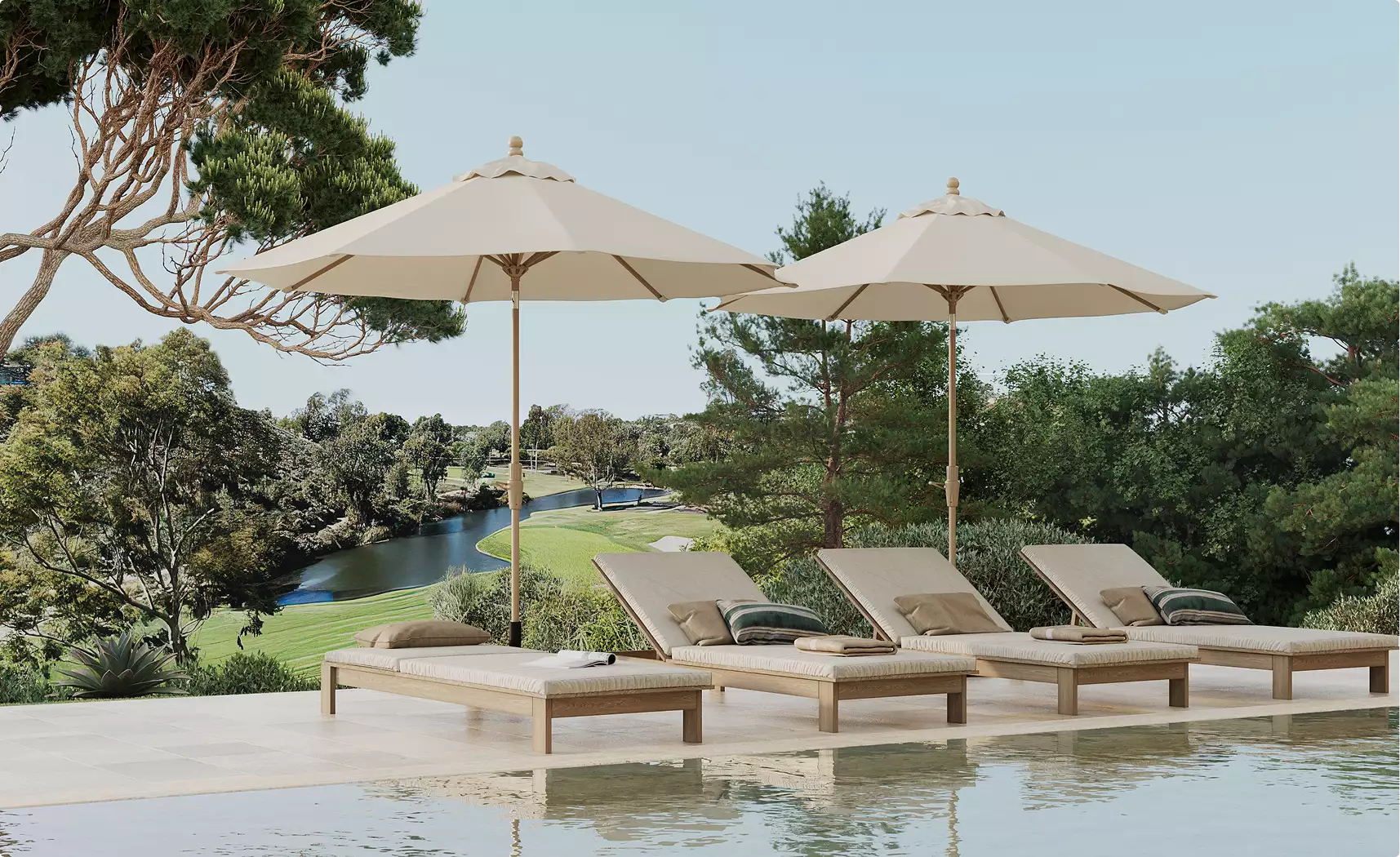 3D animation of house pool terrace with loungers, umbrellas, and trees beside a winding waterway