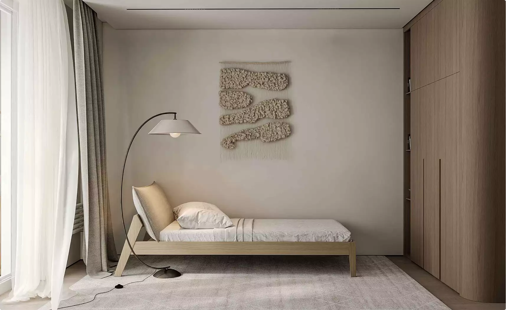 3d apartment tour bedroom with single bed, floor lamp, wall art, and wood wardrobe in soft neutral tones