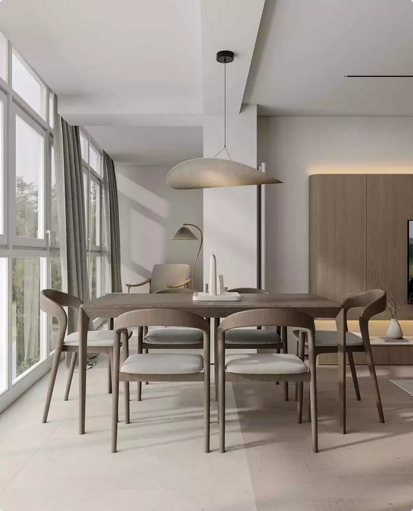3d apartment tour dining area with wood table, cushioned chairs, and tall windows in a bright neutral room