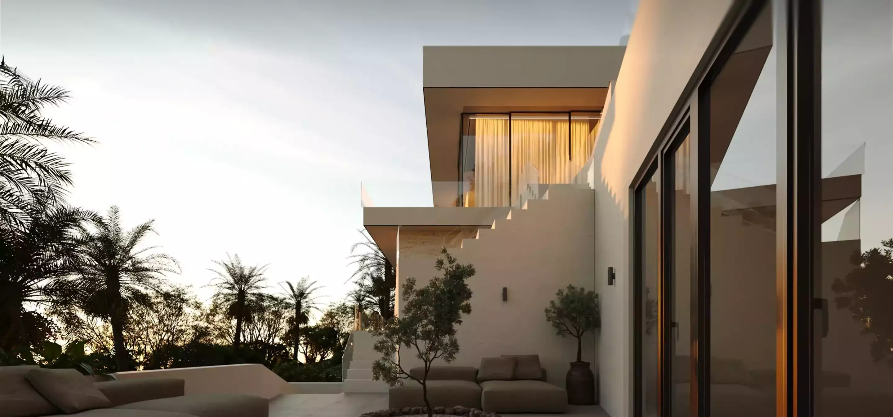Modern villa exterior with terrace and palm trees at sunset, 3D architectural rendering scene