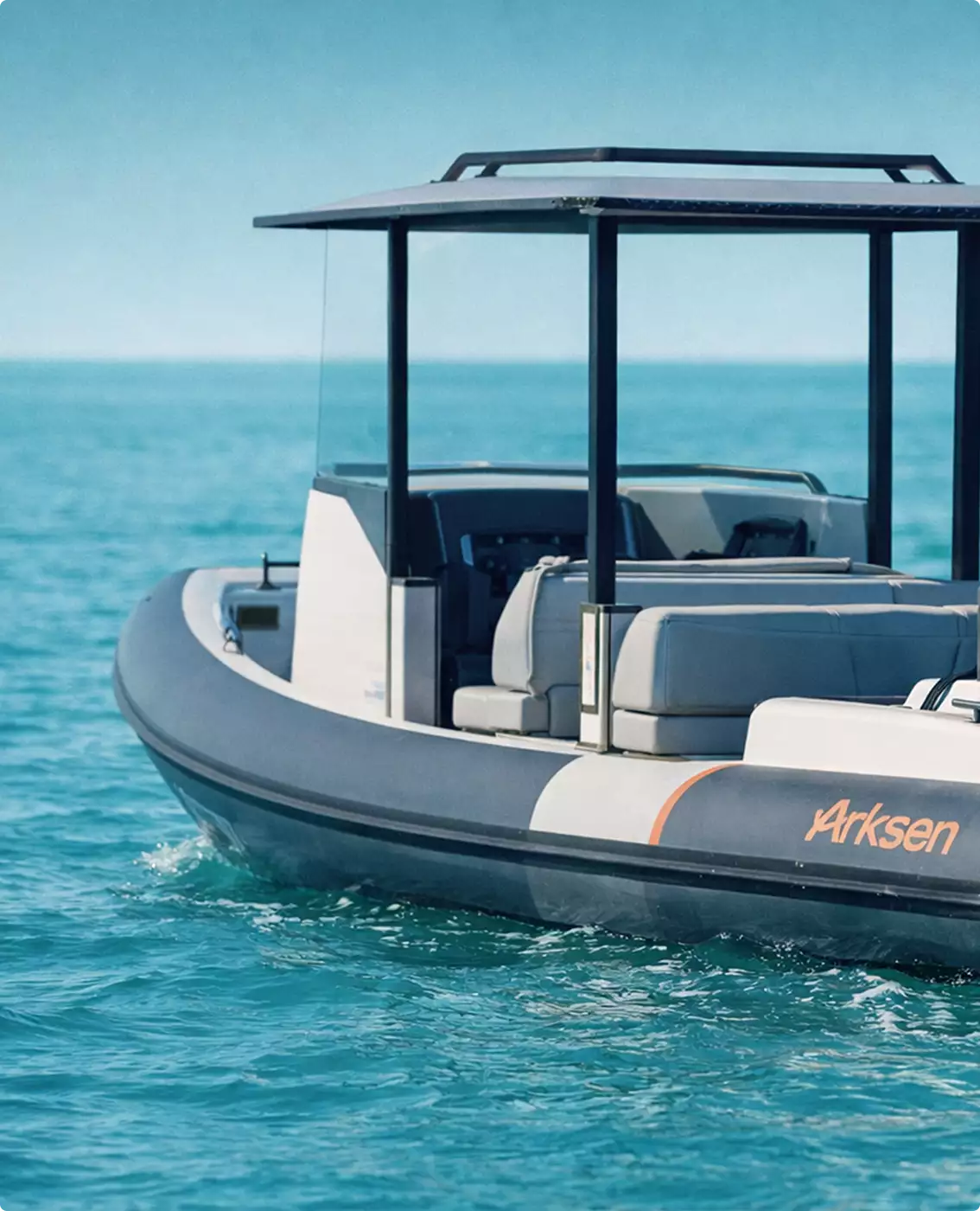 3D boat rendering of a close-up rigid inflatable boat with canopy cruising on bright blue water