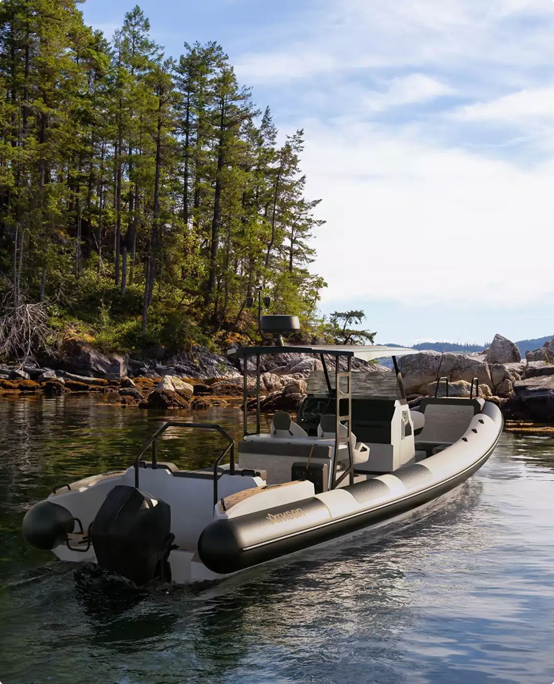 3D boat rendering of a rigid inflatable boat near a rocky forest shoreline on calm water