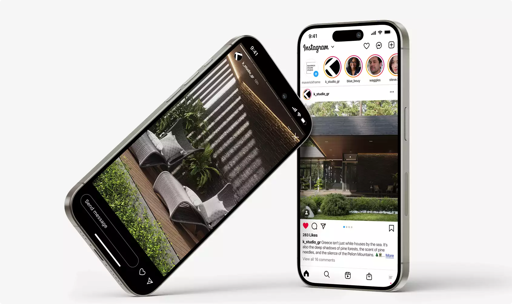 3d exterior rendering shown on two smartphones displaying architecture posts in social media app interface