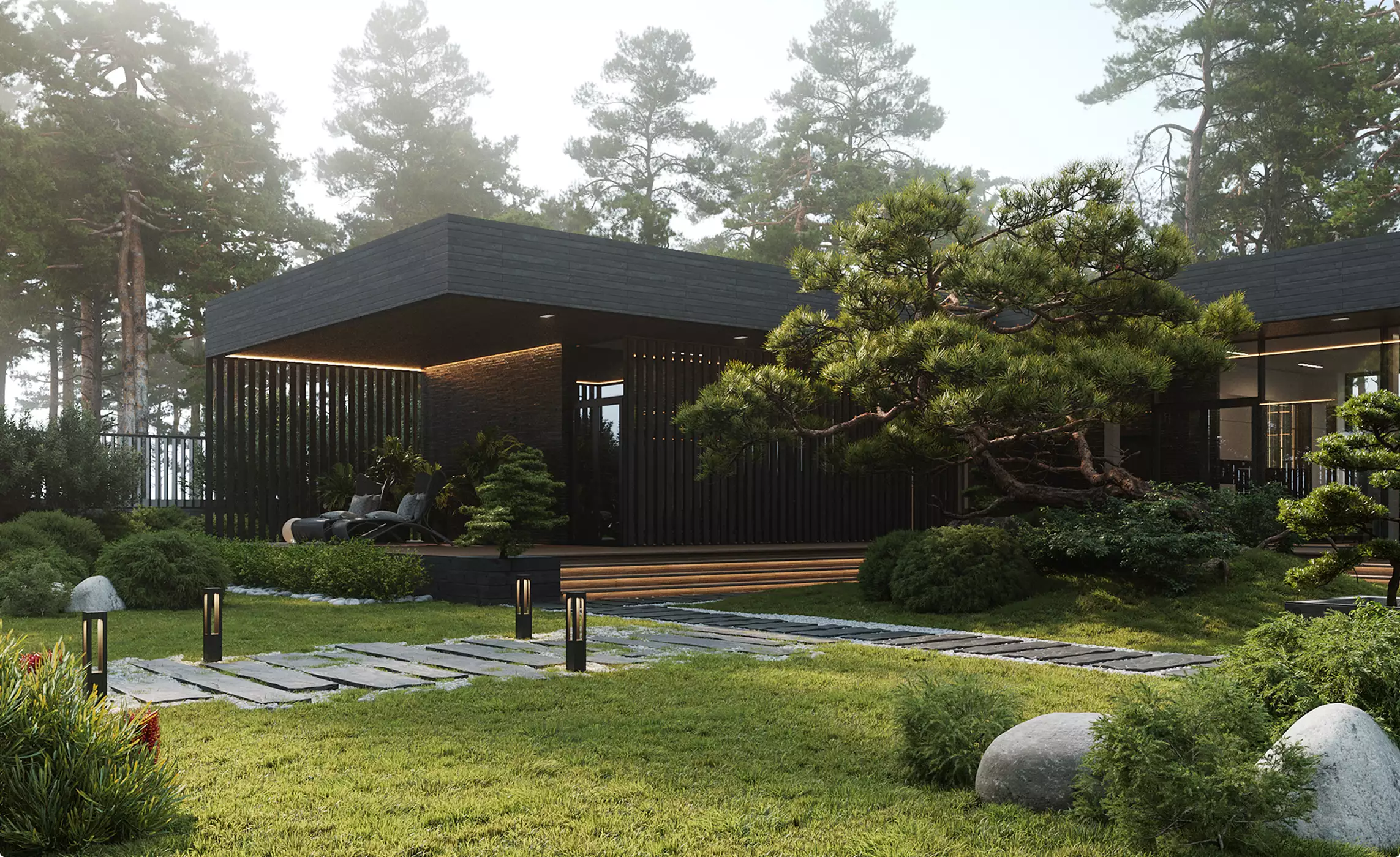 3d exterior rendering of modern black wood house with landscaped garden path pine trees and outdoor lounge