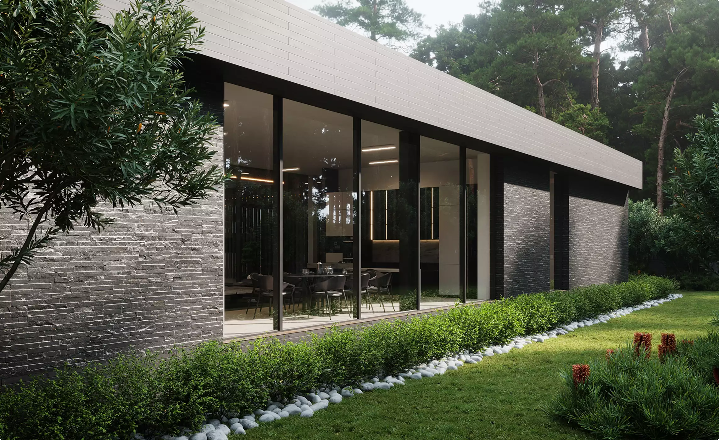 3d exterior rendering of modern house with large glass walls stone facade and landscaped garden lawn