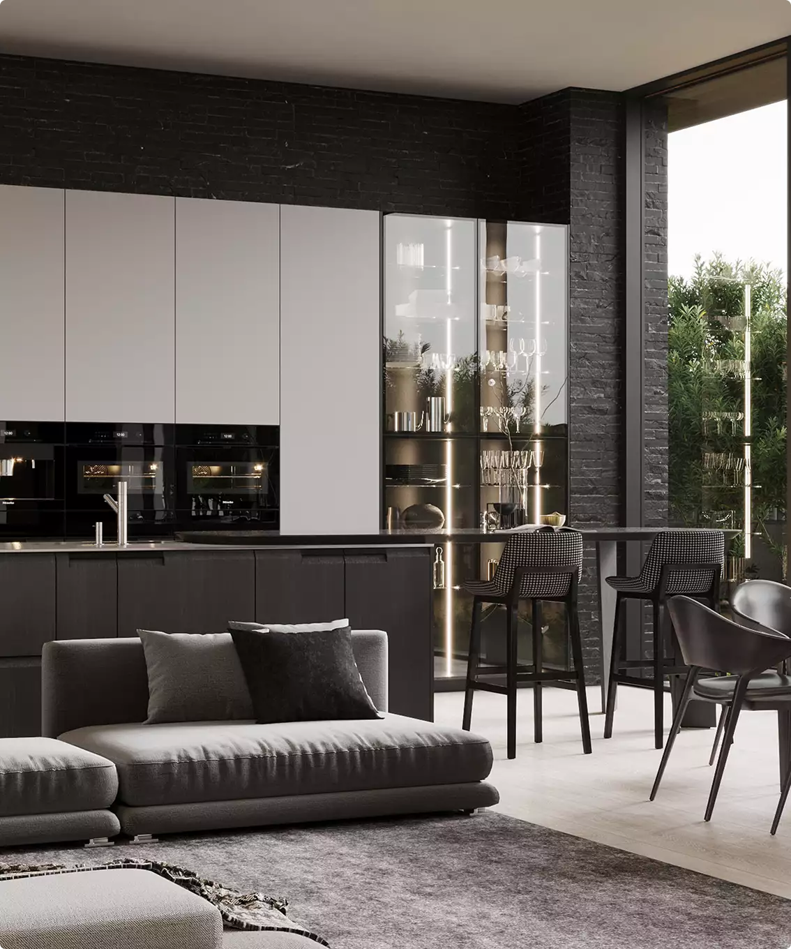 d exterior rendering of modern kitchen and living area with black brick wall island bar stools and glass cabinet