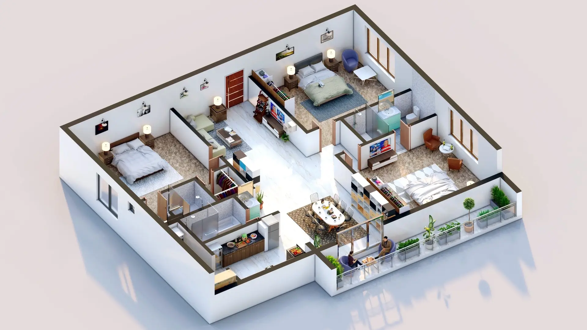 3D floor plan rendering NYC image of an apartment layout with furniture, rooms, and balcony space