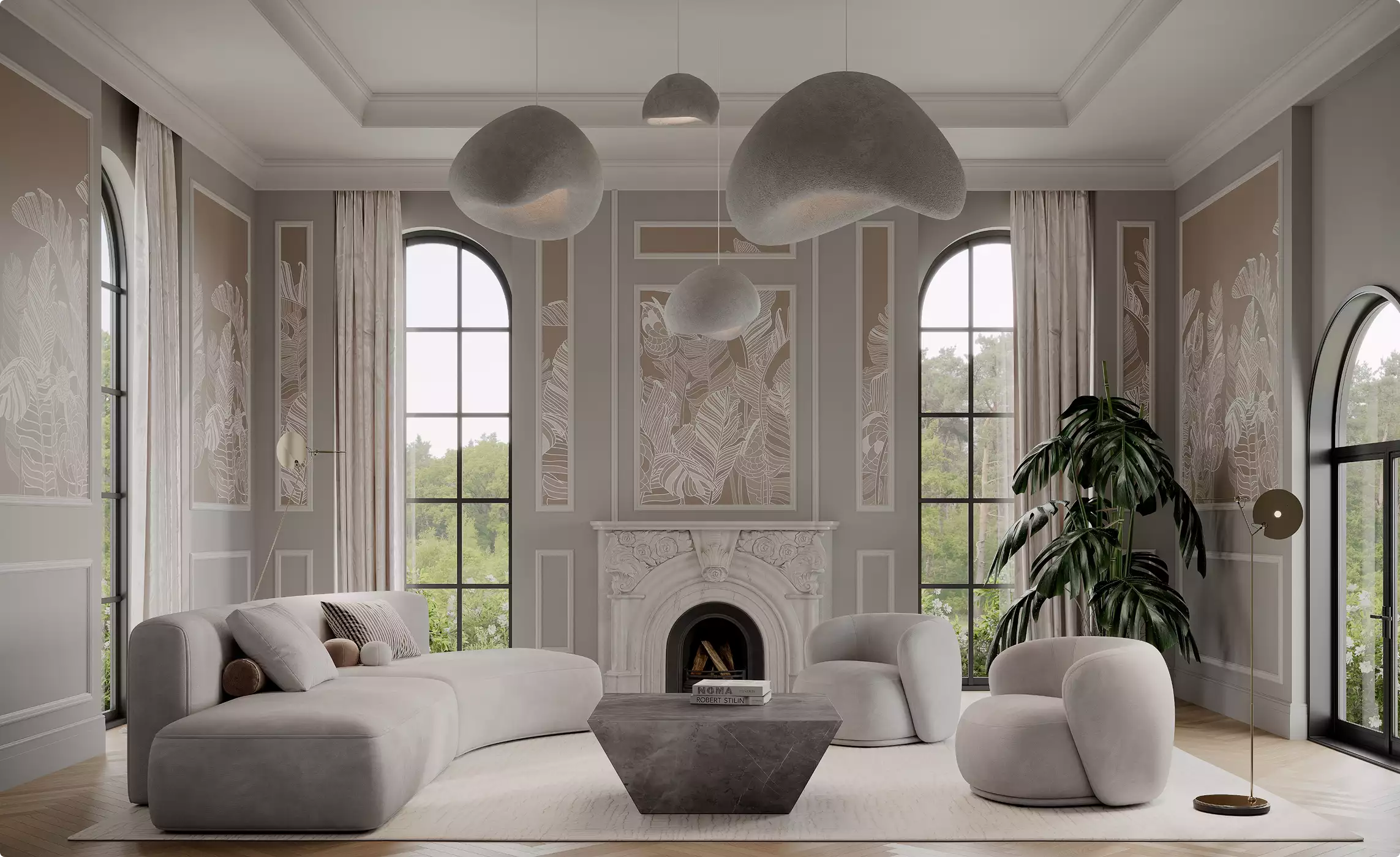 3d furniture rendering of elegant living room with curved sofa, marble fireplace, and sculptural pendant lights
