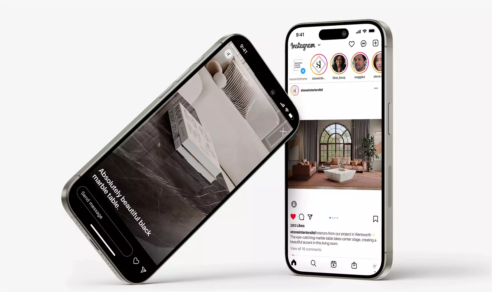 3d furniture rendering shown on smartphones displaying marble coffee table interior scene on social media app