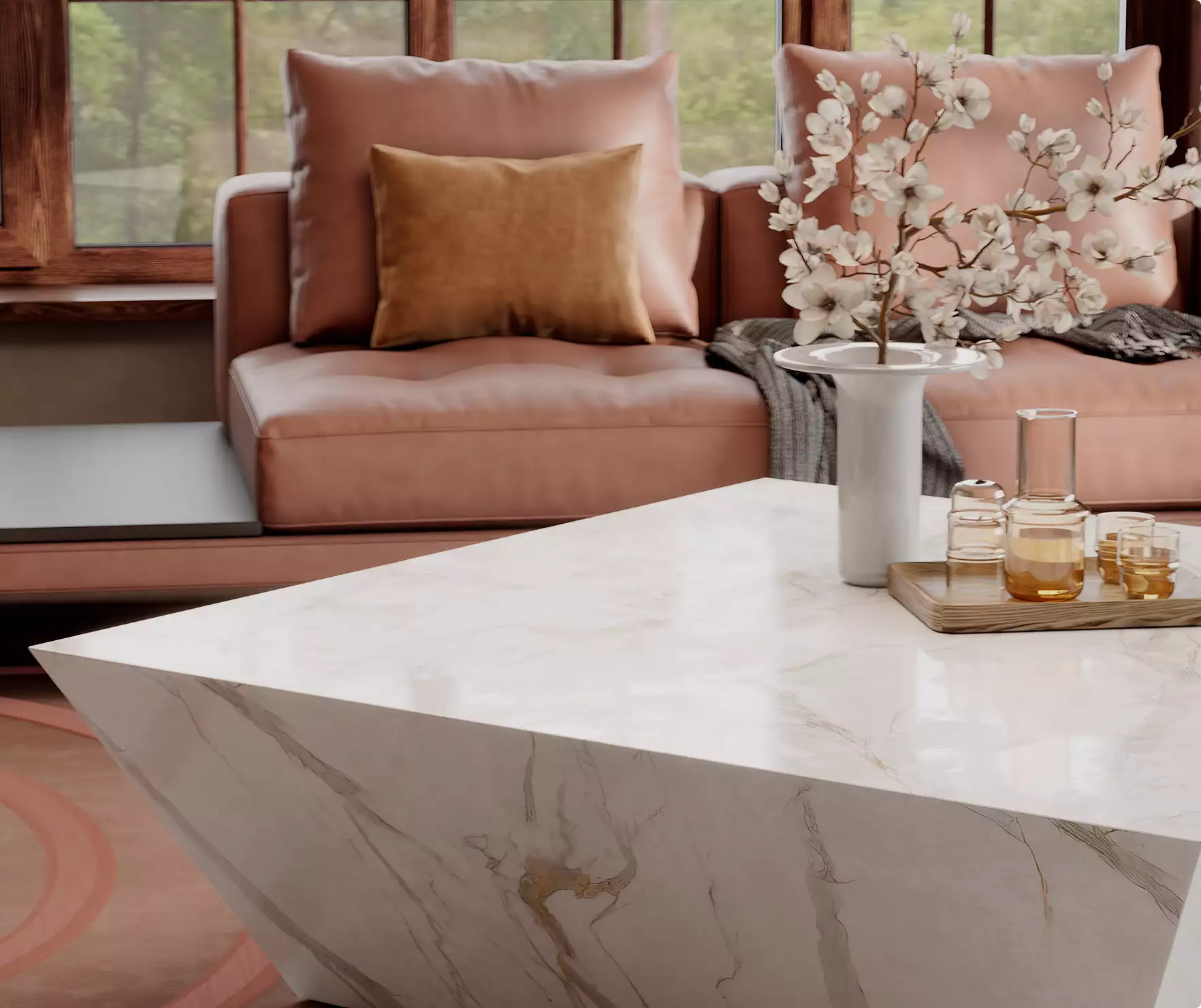 3d furniture rendering of marble coffee table with vase of white blossoms and pink sofa in sunlit living room
