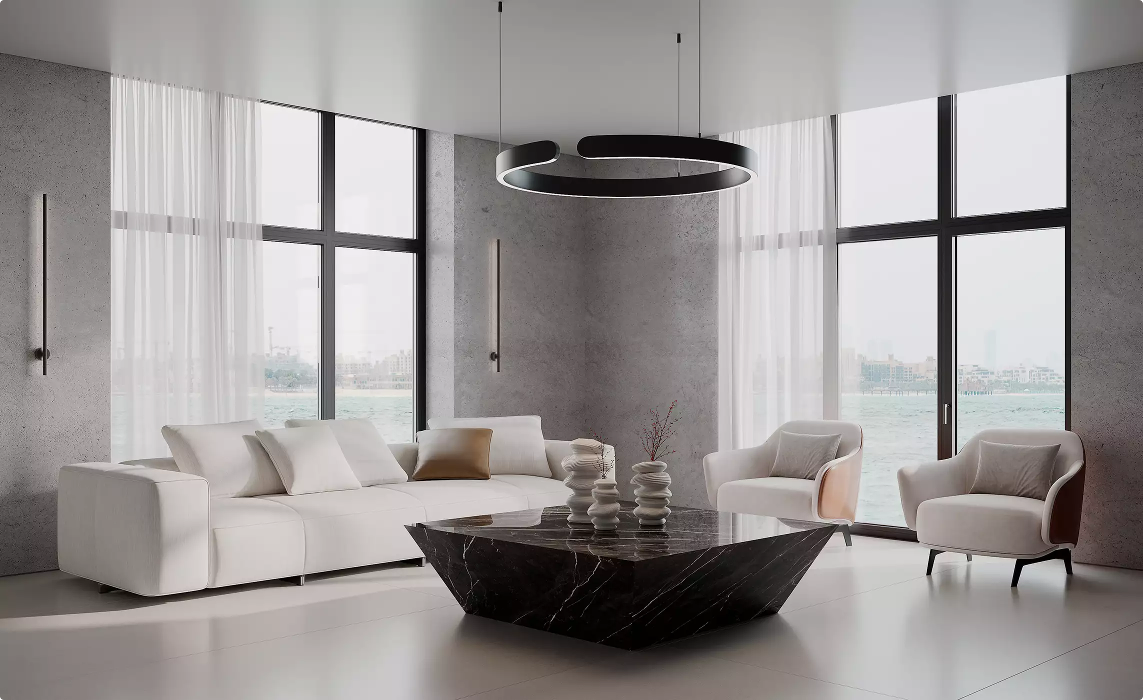 3d furniture rendering of modern living room with white sofa, black marble coffee table, and large windows by water