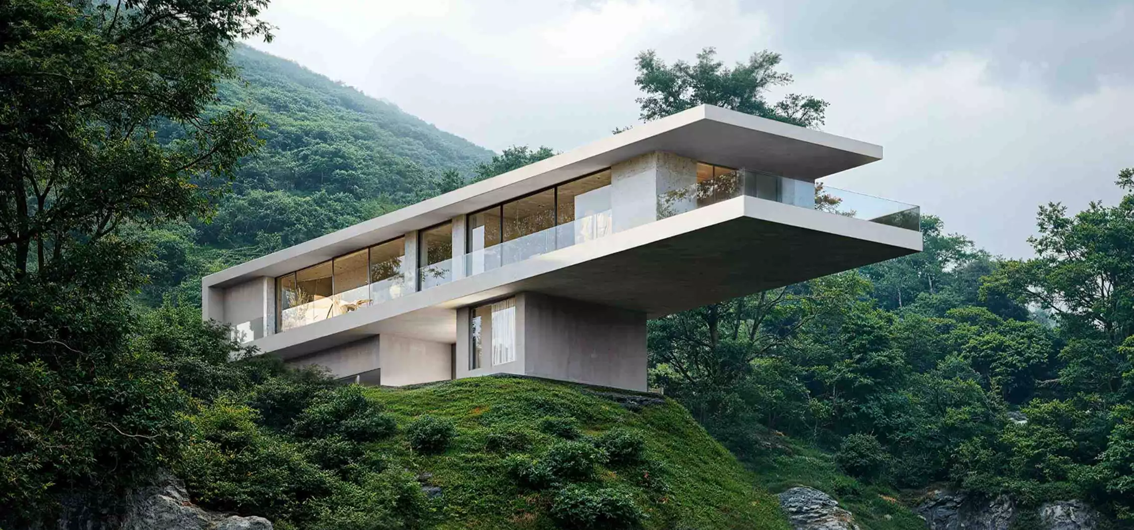 3D house renderings of a sleek modern house projecting over a lush ravine with wraparound glass