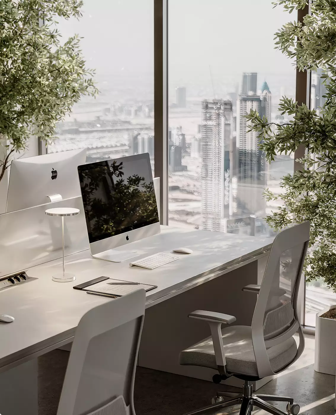 3D office animation of a bright workstation with desktop monitors, white chairs, and city view windows