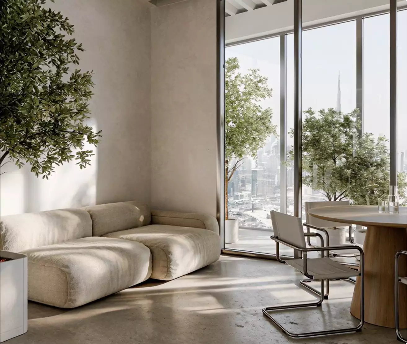 3D office tour of a lounge area with curved sofa, round table, and city-view windows